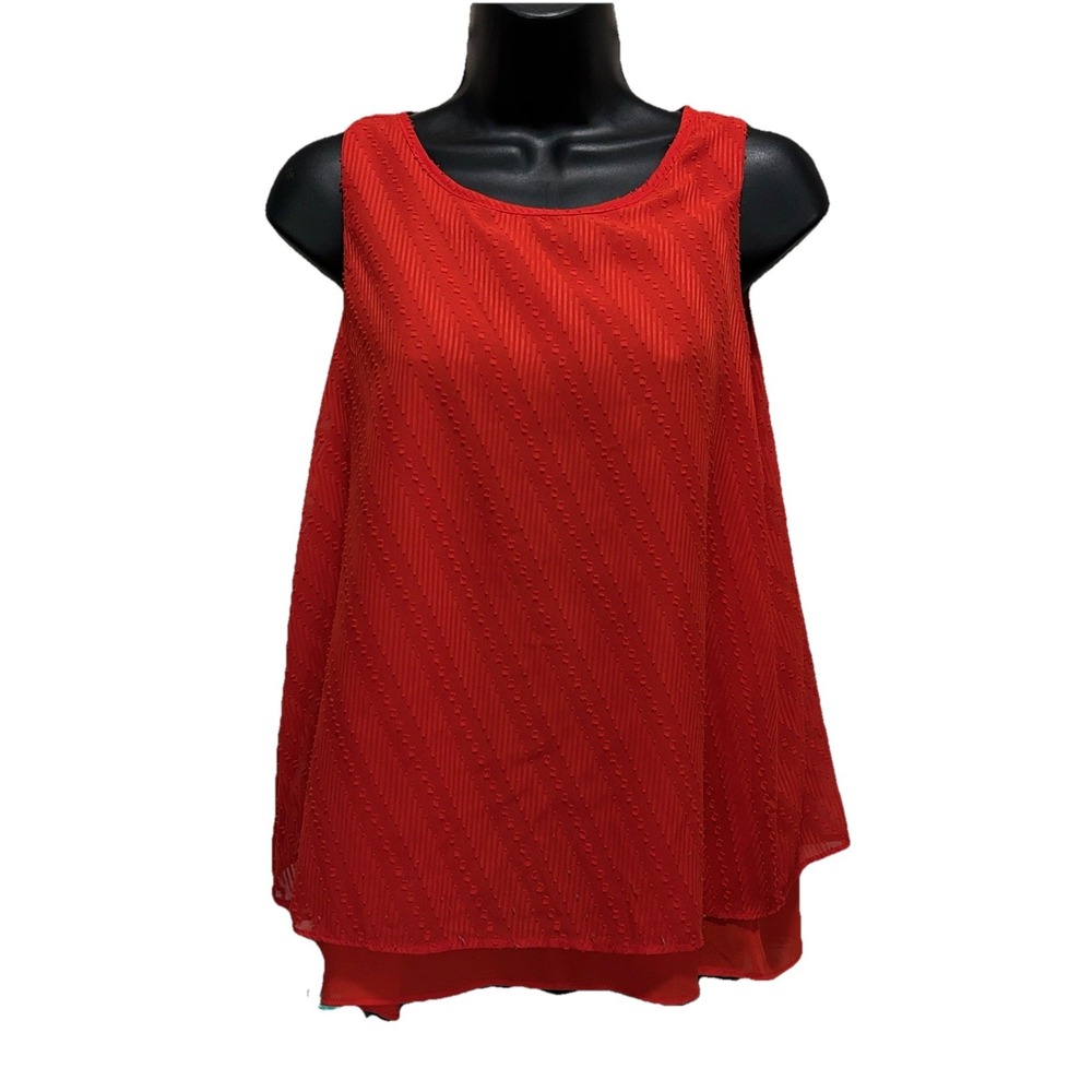Bobeau Red Chiffon Sleeveless Ruffle Blouse Size Medium Zip Back‎